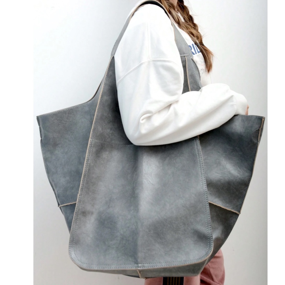 Luxe Vegan Leather Minimalist Oversized Tote Bag - Picture 12 of 16